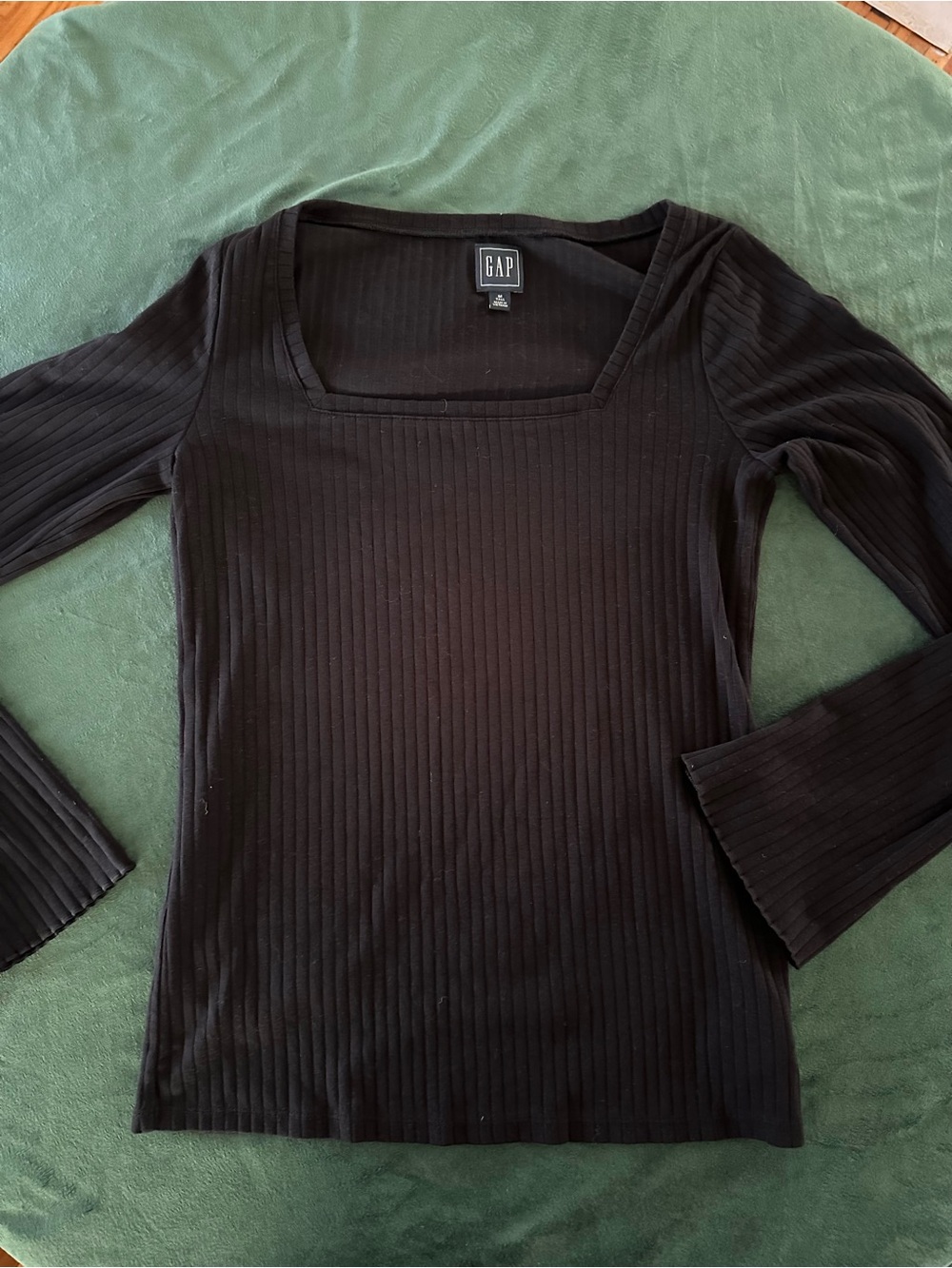 GAP TALL Women's Black Ribbed Square Neck Long Bell Sleeve Top